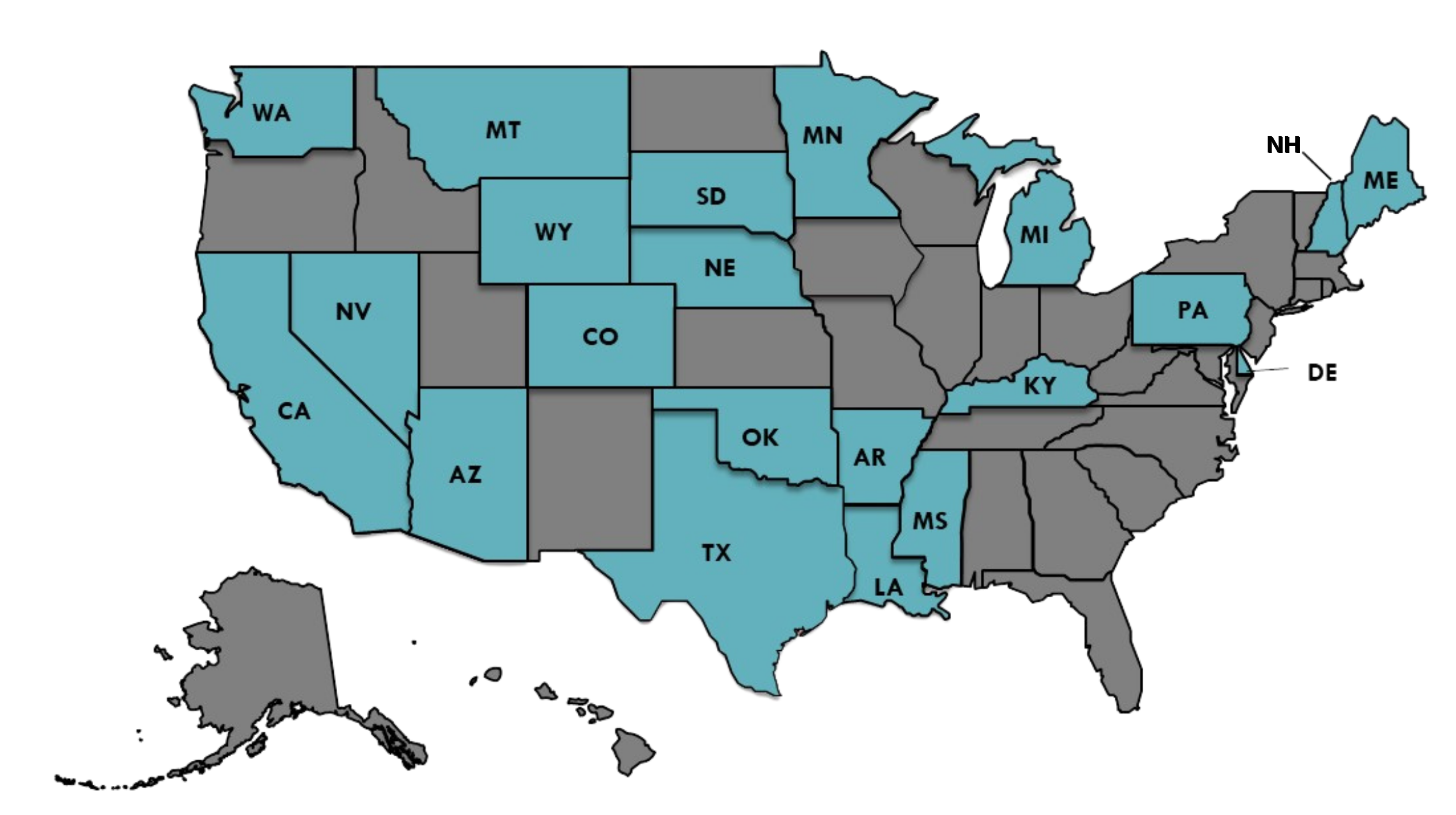 Washington, California, Nevada, Arizona, Montana, Wyoming, Colorado, South Dakota, Nebraska, Oklahoma, Texas, Arkansas, Louisiana, Mississippi, Minnesota, Michigan, Kentucky, Pennsylvania, New Hampshire, Delaware, Maine