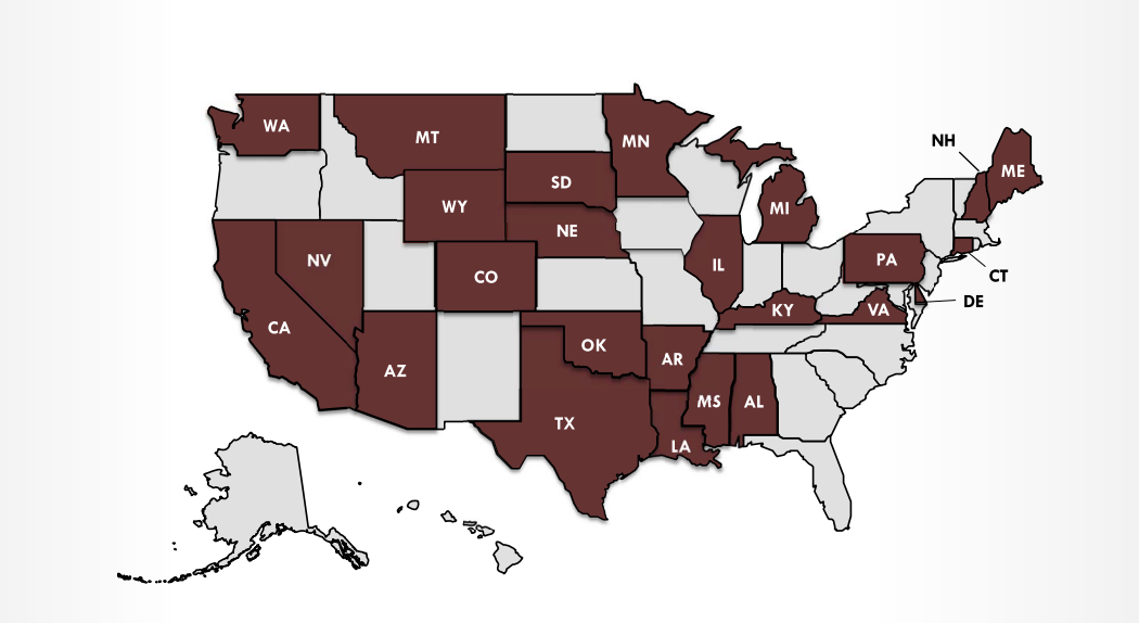 A picture of a map highlighting the states that the OIB-TAC team has provided intensive technical assistance, which includes Washington, California, Nevada, Montana, Wyoming, Colorado, Arizona, South Dakota, Nebraska, Oklahoma, Texas, Minnesota, Illinois, Michigan, Arkansas, Louisiana, Mississippi, Alabama, Kentucky, Virginia, Pennsylvania, Delaware, Connecticut, New Hampshire, and Maine.