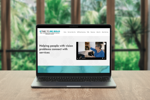 Laptop displacing the homepage of updated Time to Be Bold website. The background is of a lush scenic background with palm trees.