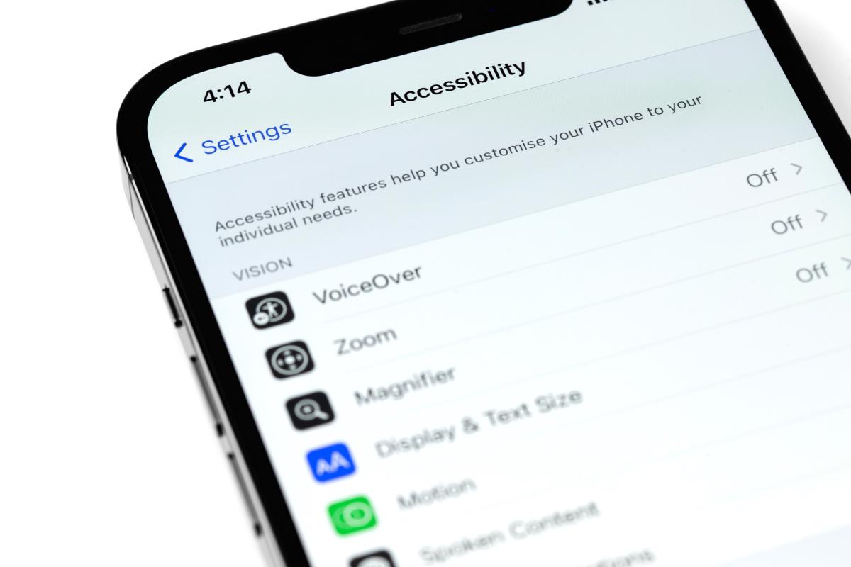 An iPhone with the accessibility screen. VoiceOver shows as off.
