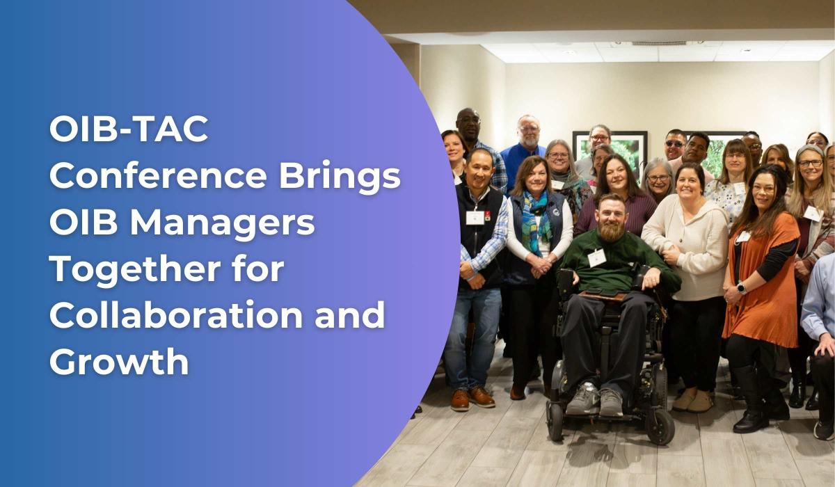 News graphic with a purple-blue gradient that shows the title of the article in white text. Beside the gradient is a group photo of the attendees of the conference standing together smiling.